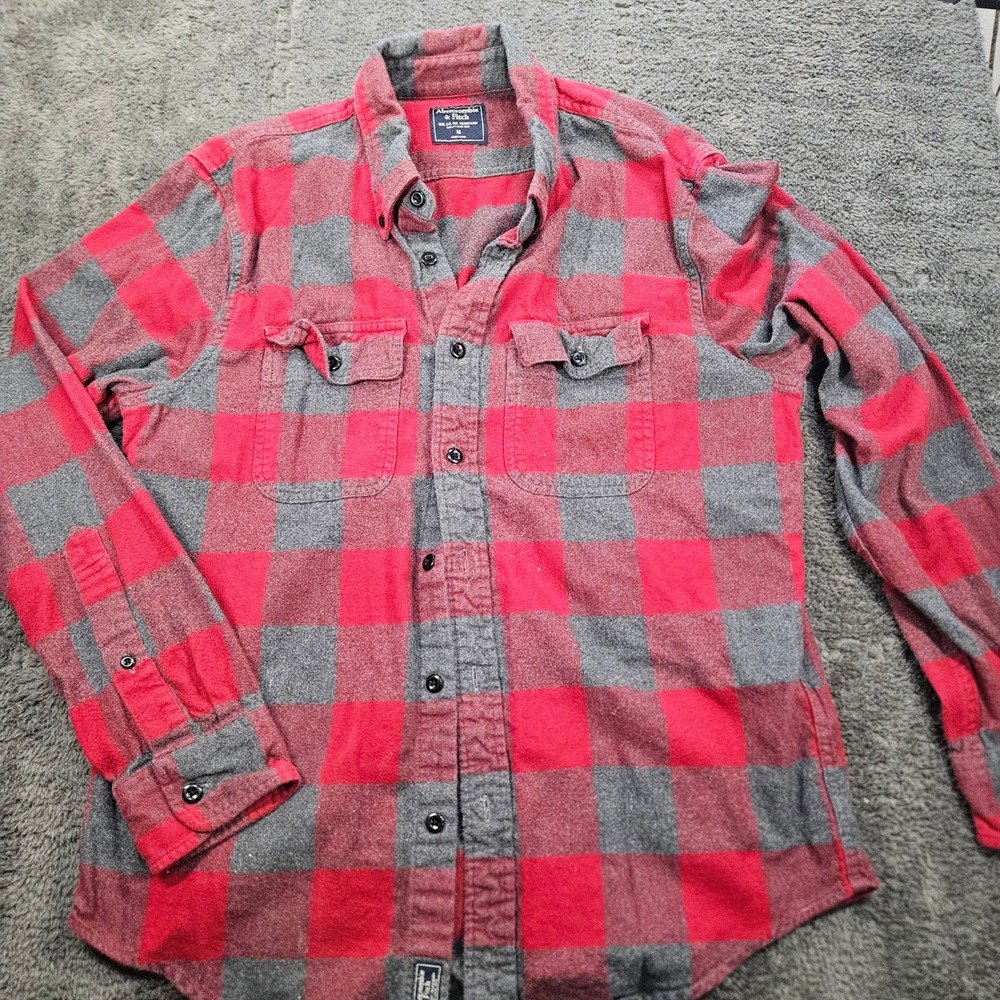Abercrombie & Fitch Flannel Shirt Mens M Red Grey Buffalo Check Rugged Outdoor